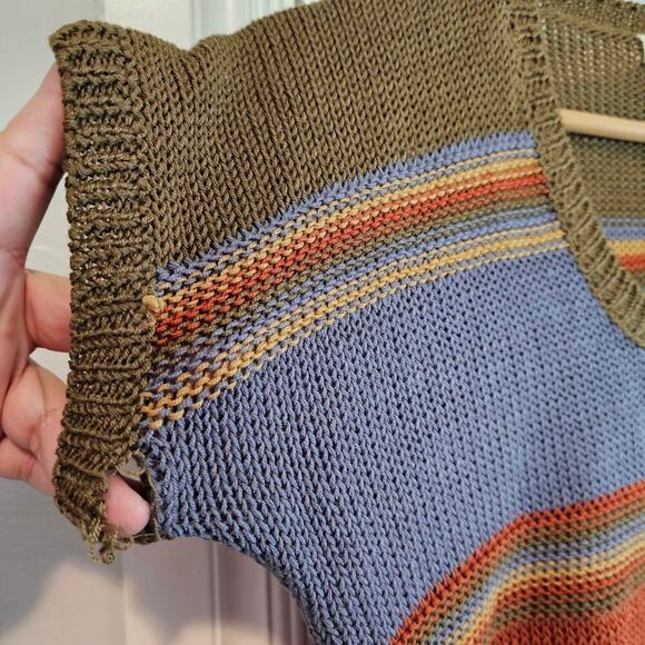 Vintage 80s Sweater Womens Medium Brown Knit Short Sleeve V-Neck Mod Striped - Picture 5 of 7